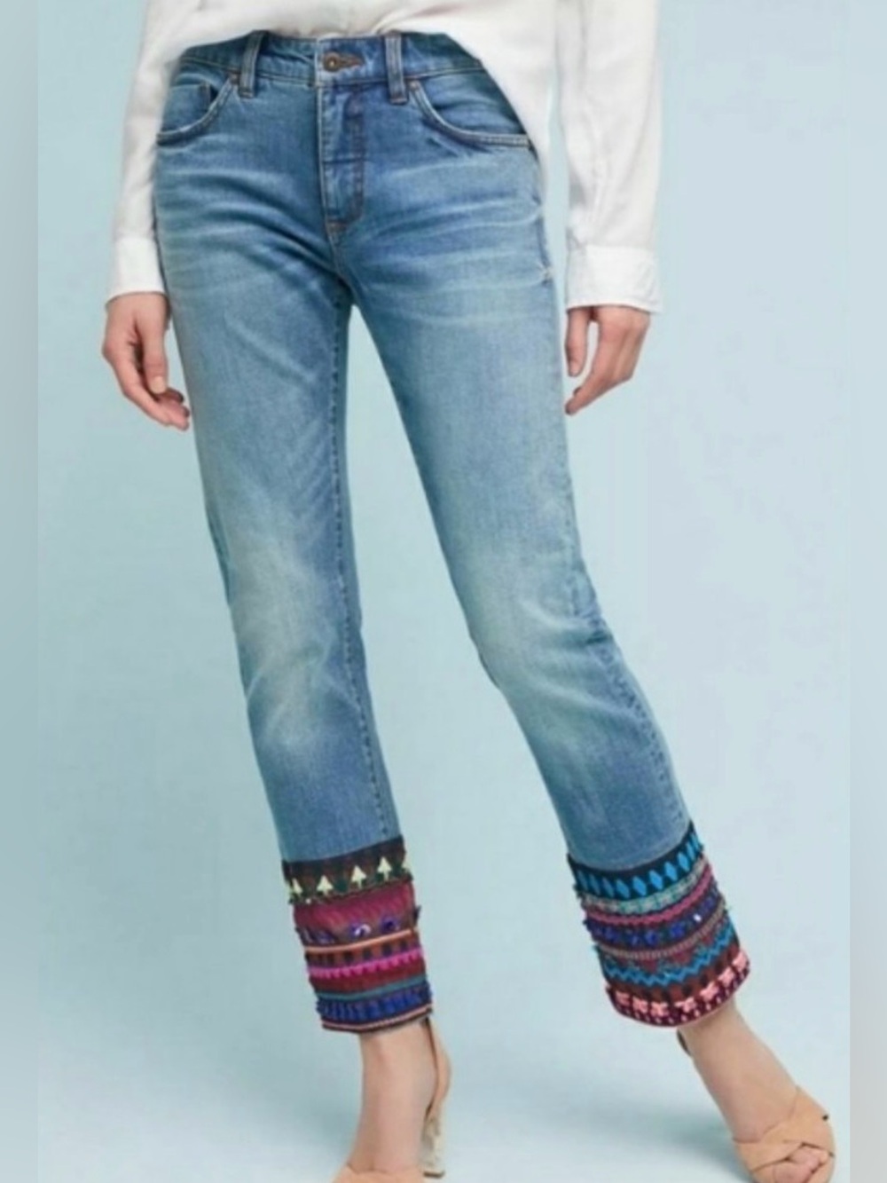 Pilcro by Anthropologie Slim Straight Embellished Cuff Jeans Size 28